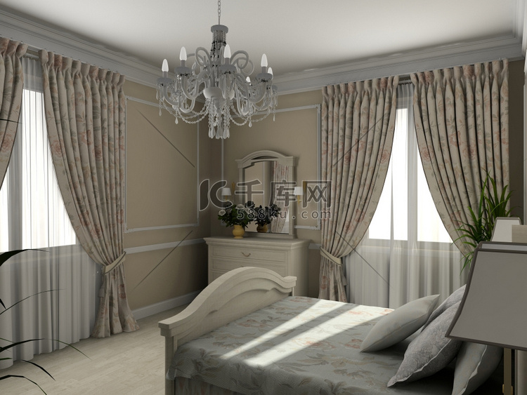经典的卧室内饰设计。3D渲染
