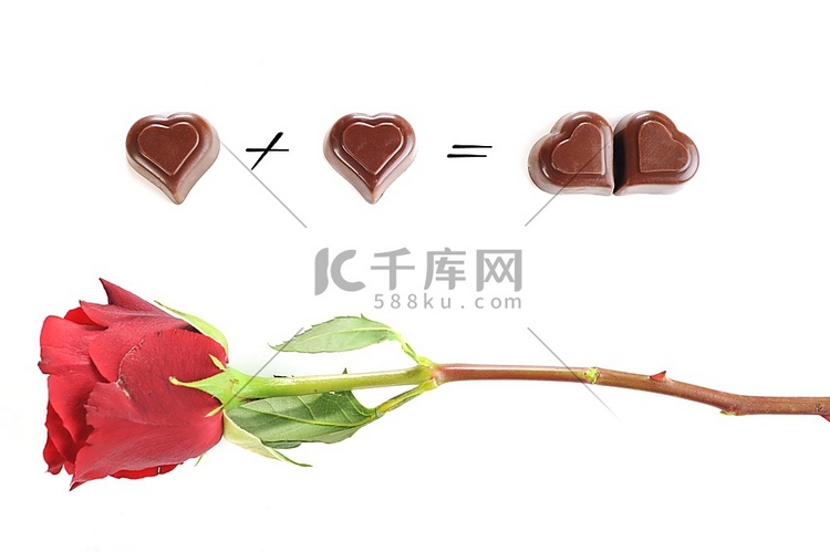 美丽的红玫瑰和分离的巧克力特写