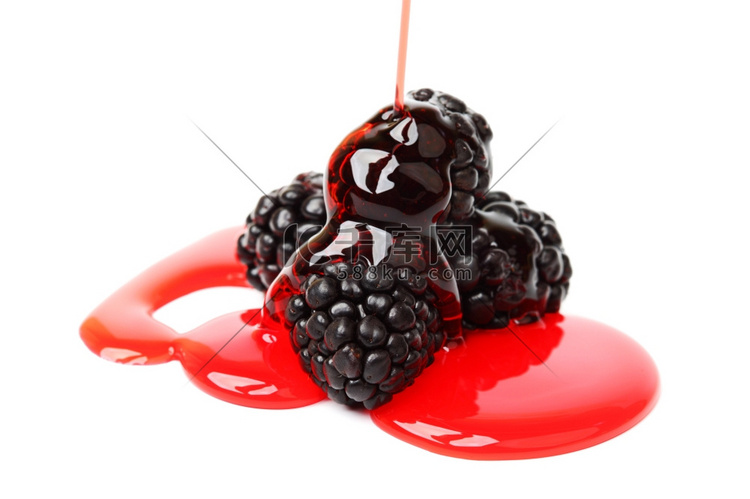 黑莓堆在糖浆里，孤立在白色上