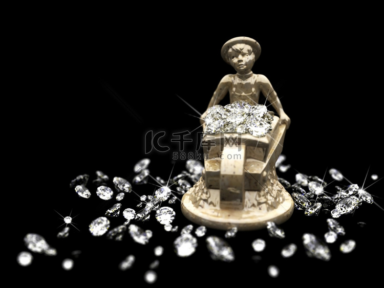 很多3D制作的钻石和大理石小雕像