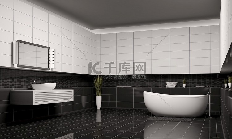 黑白墙浴室室内3D渲染