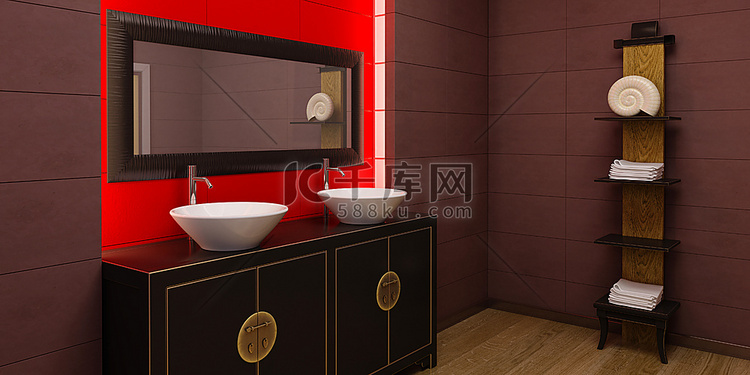 亚洲浴室的3D渲染