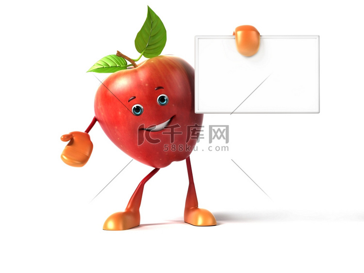 3D渲染的红苹果举着一个标志