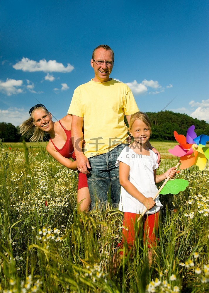 家庭在草地上在一个美好的夏日