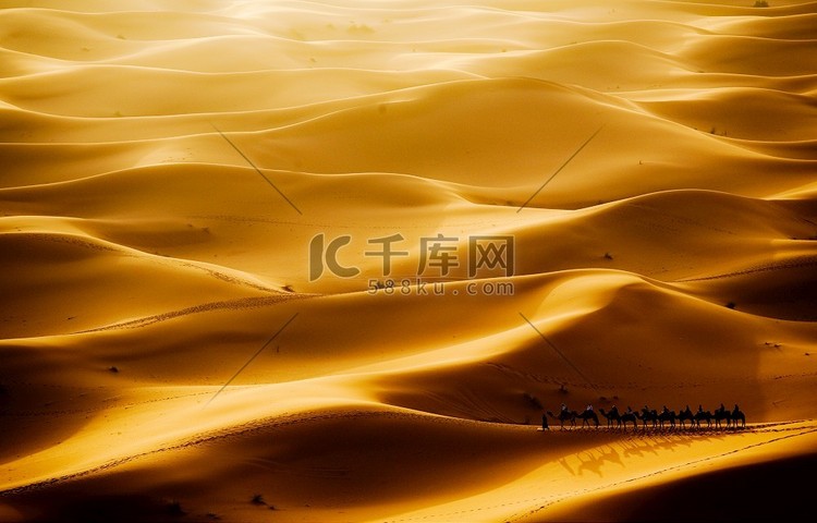 骆驼商队穿过撒哈拉沙漠的沙丘，