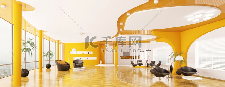 现代公寓内部客厅厨房全景3D渲染