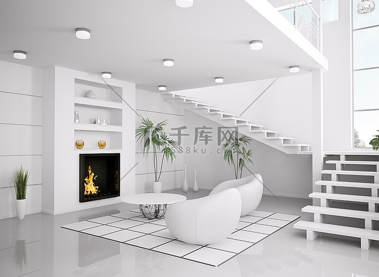现代白色客厅内部，带壁炉和楼梯