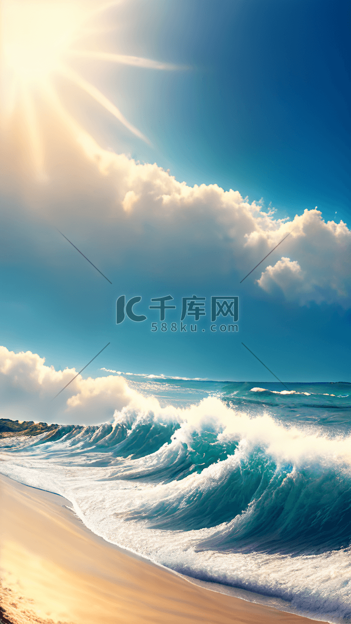 夏日海滩阳光海浪蓝天白云