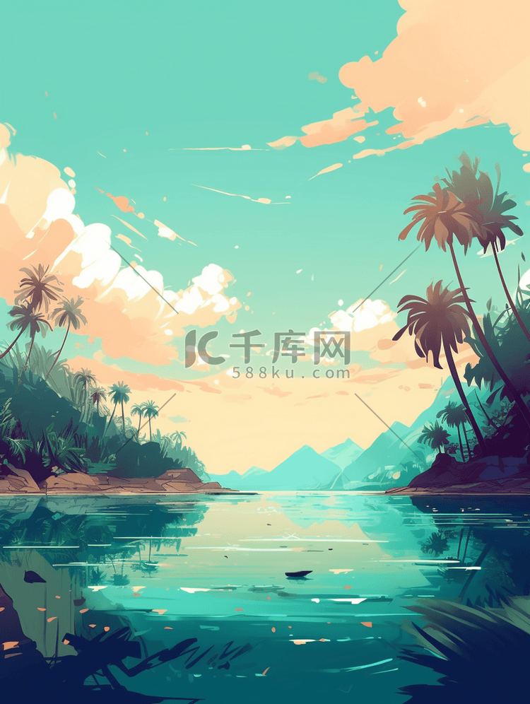 夏季海边手绘插画背景