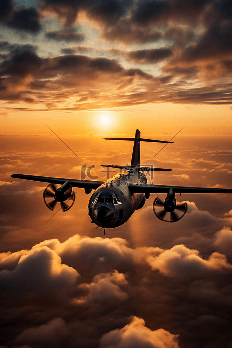 在日落的天空上飞行的运输飞机