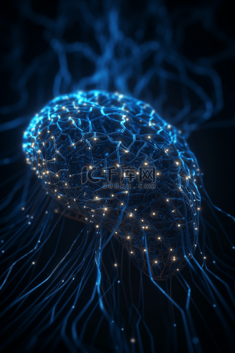 3D神经网络上的深蓝色背景与灯