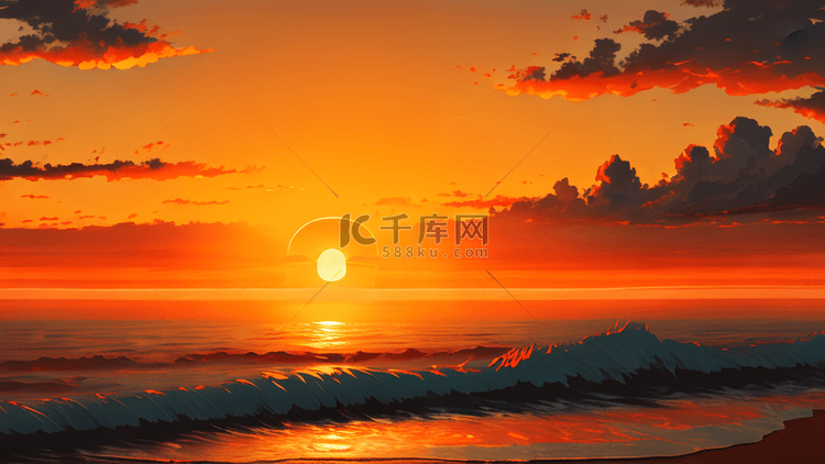 海面上巨大的橙色日落日出