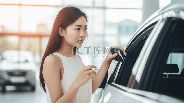 年轻漂亮的越南女人拿着她的新车