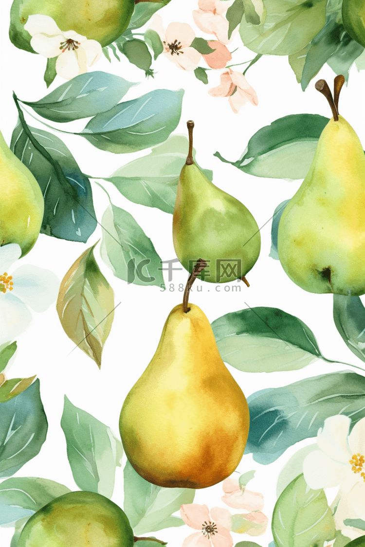 水彩无缝图案梨。水果、树叶和花