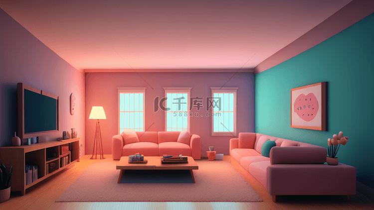 蓝粉色可爱3D客厅