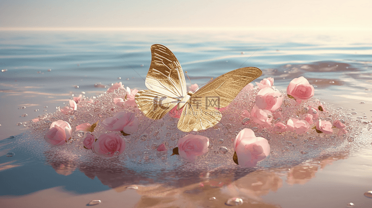 520海边粉色透明蝴蝶爱心