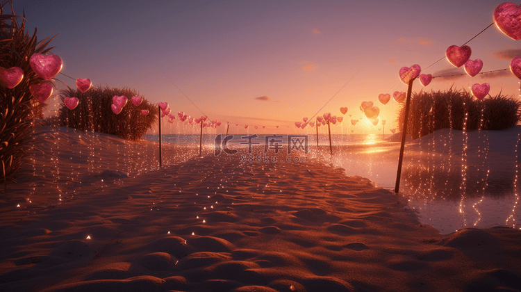 浪漫的布满粉色心形的沙滩