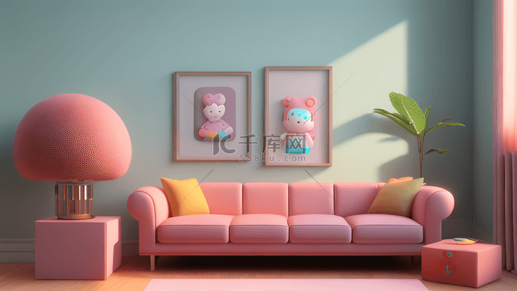 蓝粉色可爱3D客厅