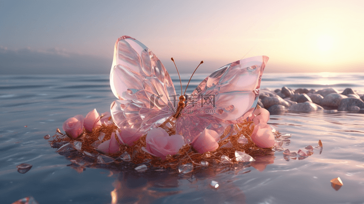 520海边粉色透明蝴蝶爱心