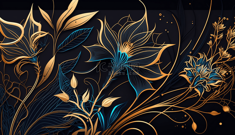 蓝色花卉图案和金色叶子底纹