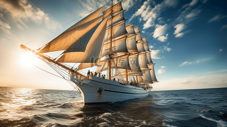 夕阳下航行帆船游艇航海旅行假期