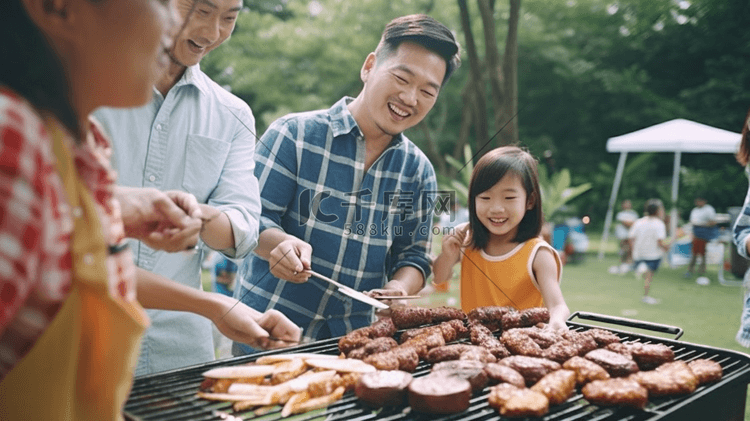 亚洲男人亚洲家庭野餐和烹饪在花