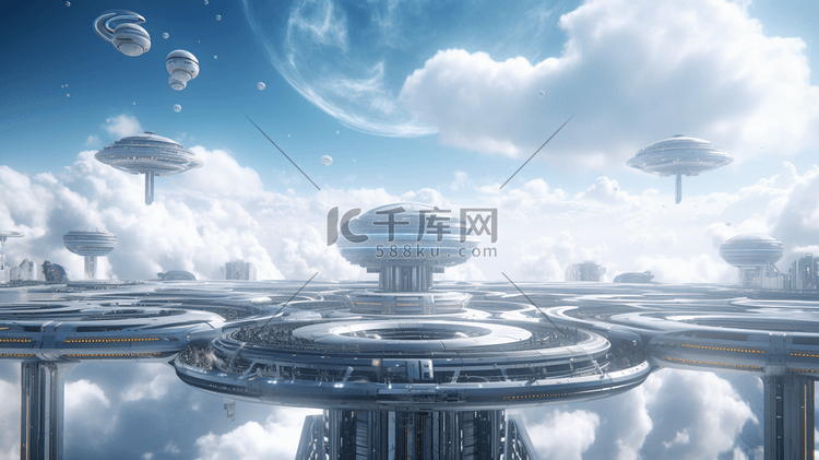 云上的未来城市站。飞行的未来飞