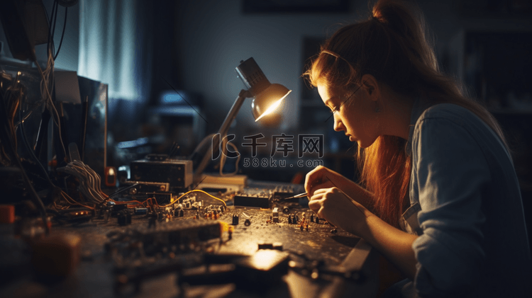 电子维修服务女技师手修电子电路