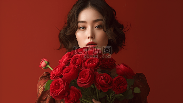 女人抱着一束红玫瑰