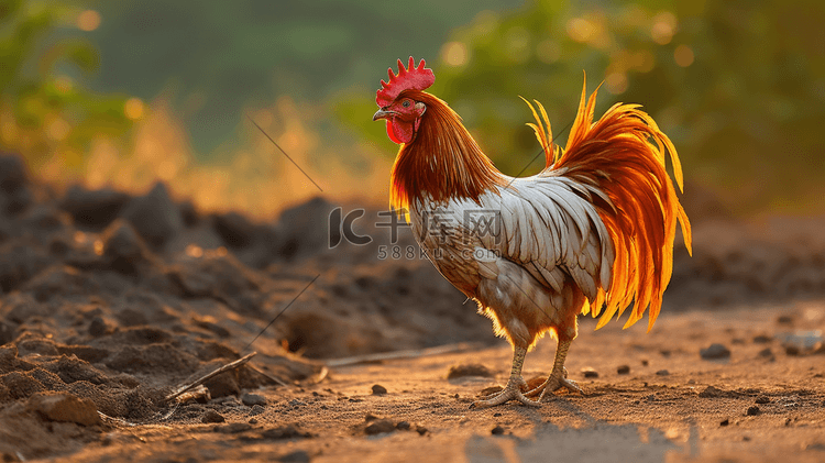 一只鸡侧站在泥土路上