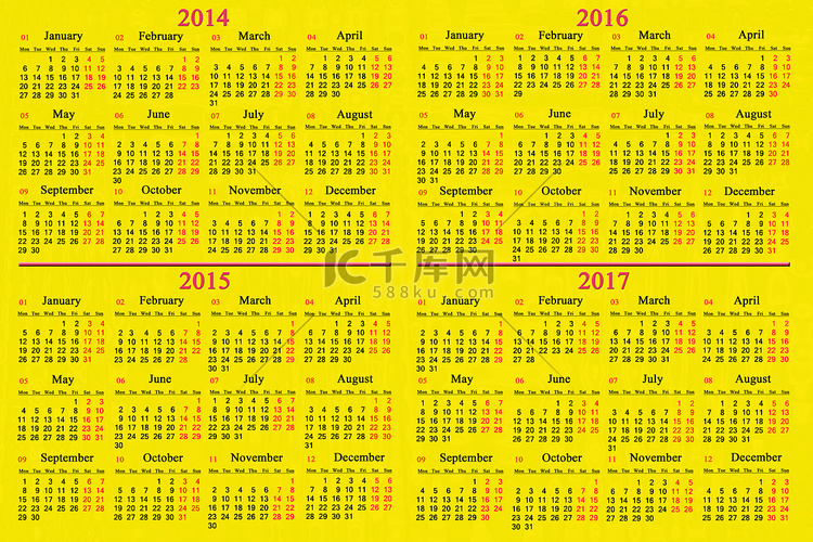 2014 年至 2017 年的日历