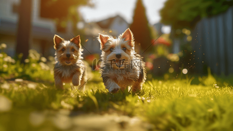 两只小狗在草原上奔跑