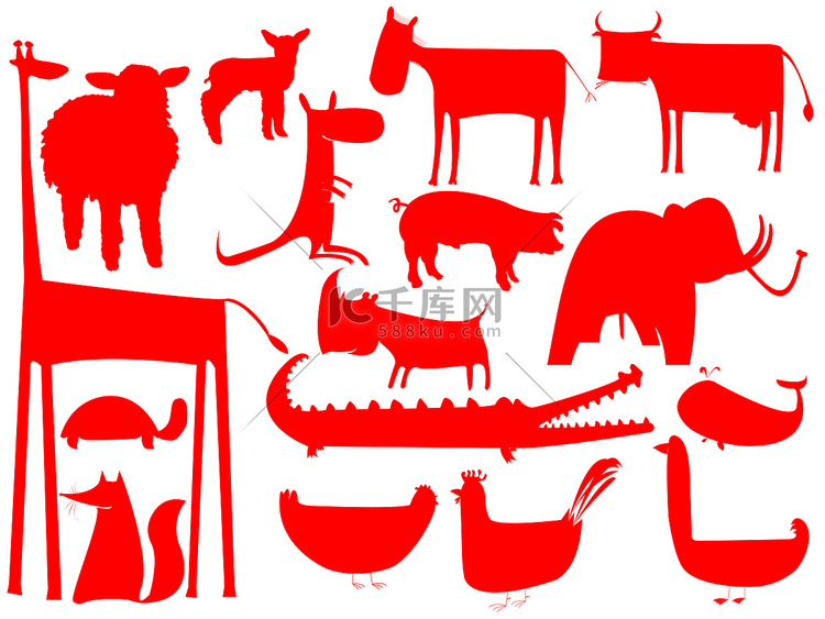 孤立在白色背景上的动物红色剪影