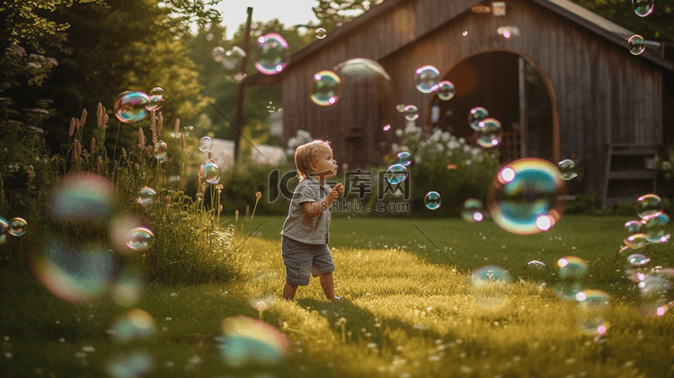 一个孩子在草坪上玩泡泡机