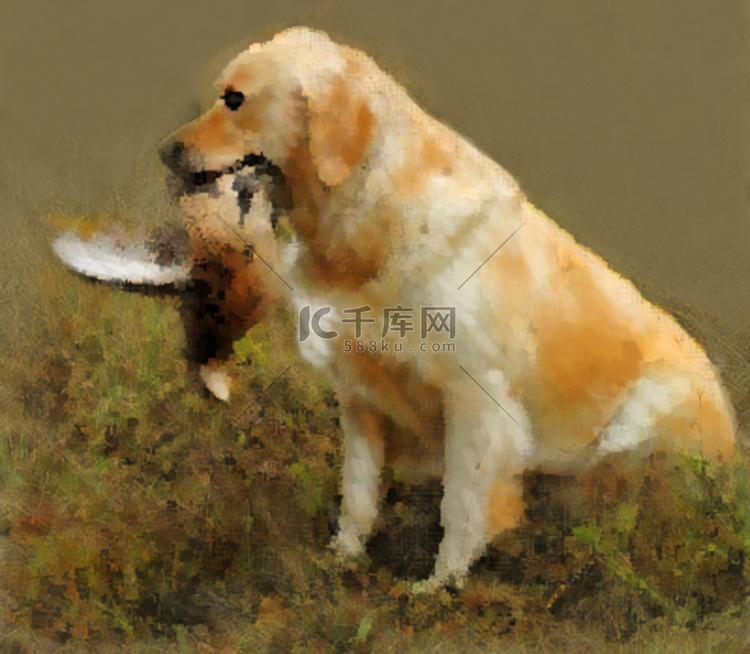 金毛猎犬与鸭子的油画肖像
