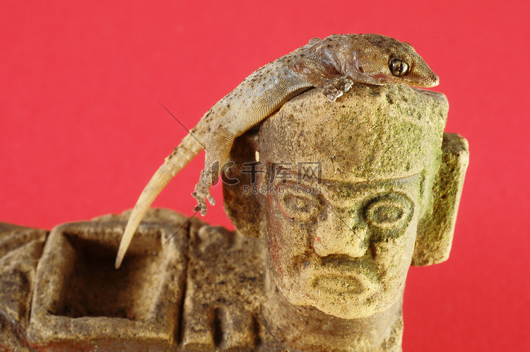 壁虎蜥蜴和玛雅雕像