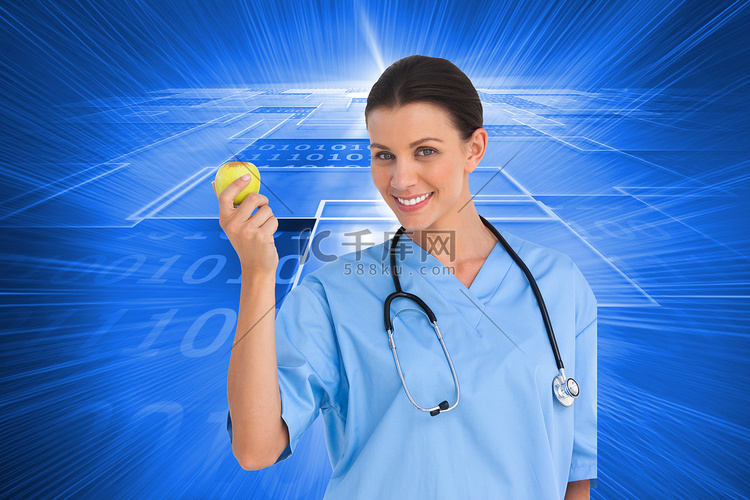 快乐外科医生拿着苹果对着镜头微