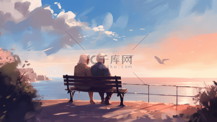 坐在海边看海的一对老夫妻