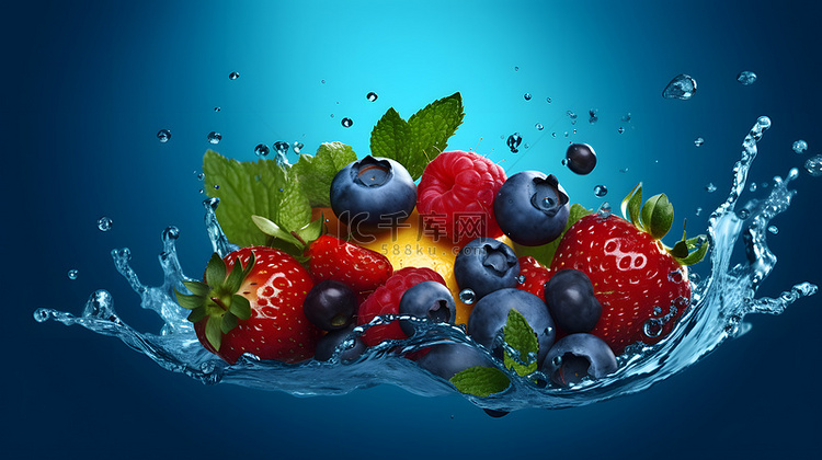 夏日清凉草莓蓝莓水果水花主题背