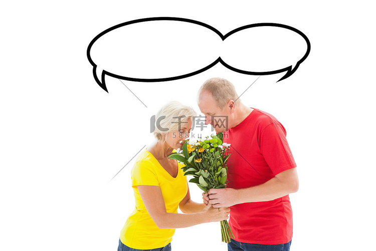 成熟男人献给他的伴侣鲜花的复合
