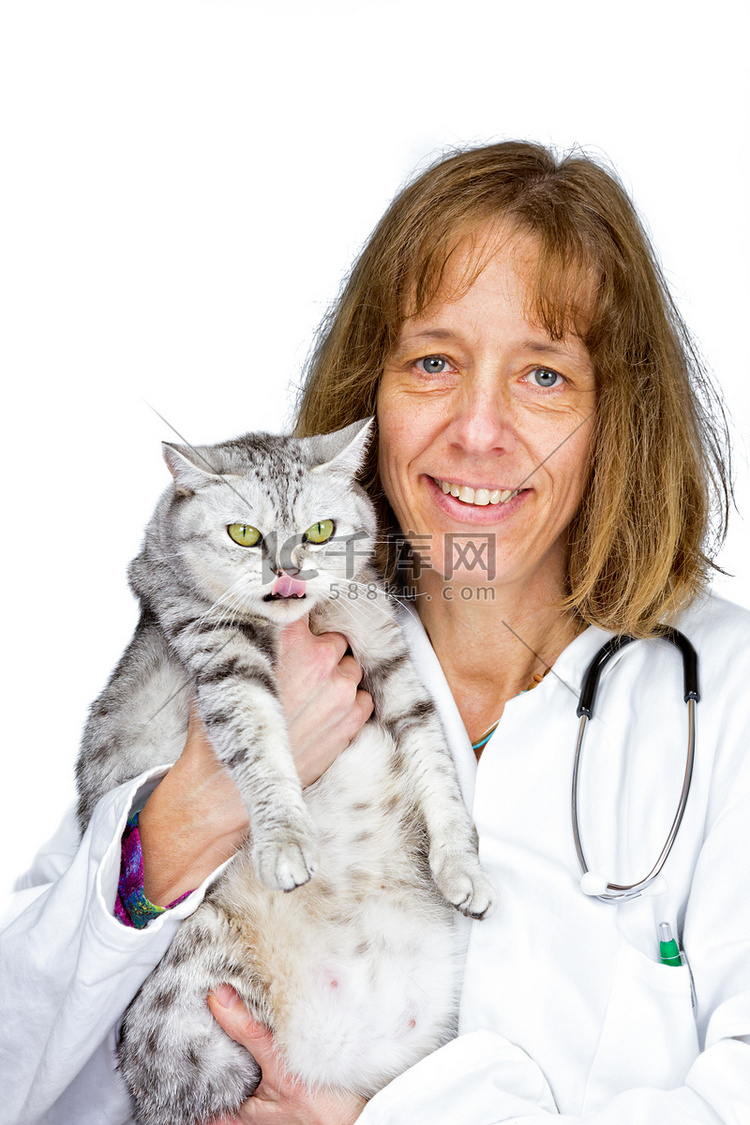 女兽医抱着猫