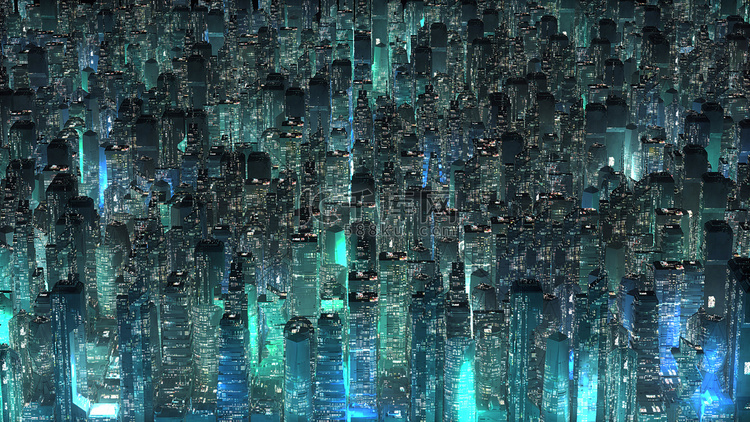 绿色霓虹城市摩天大楼现代技术概