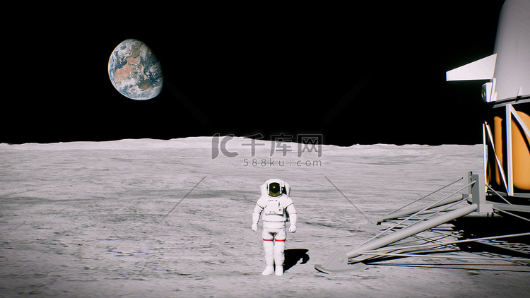 月球上的宇航员在着陆器附近敬礼