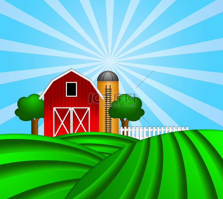 绿色牧场插图上带粮仓的红色谷仓