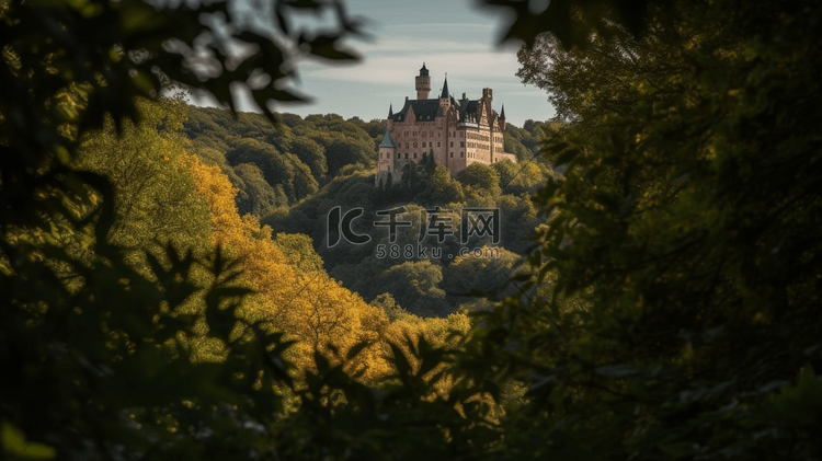 从树丛中看到城堡的景色