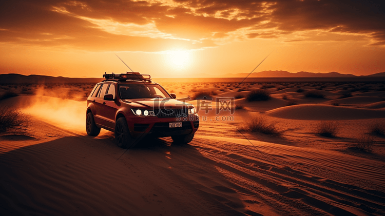 日落时分，一辆红色的汽车在沙漠