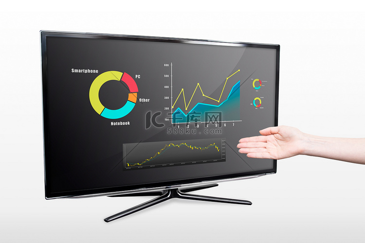 显示带有股票图表的电视屏幕的手