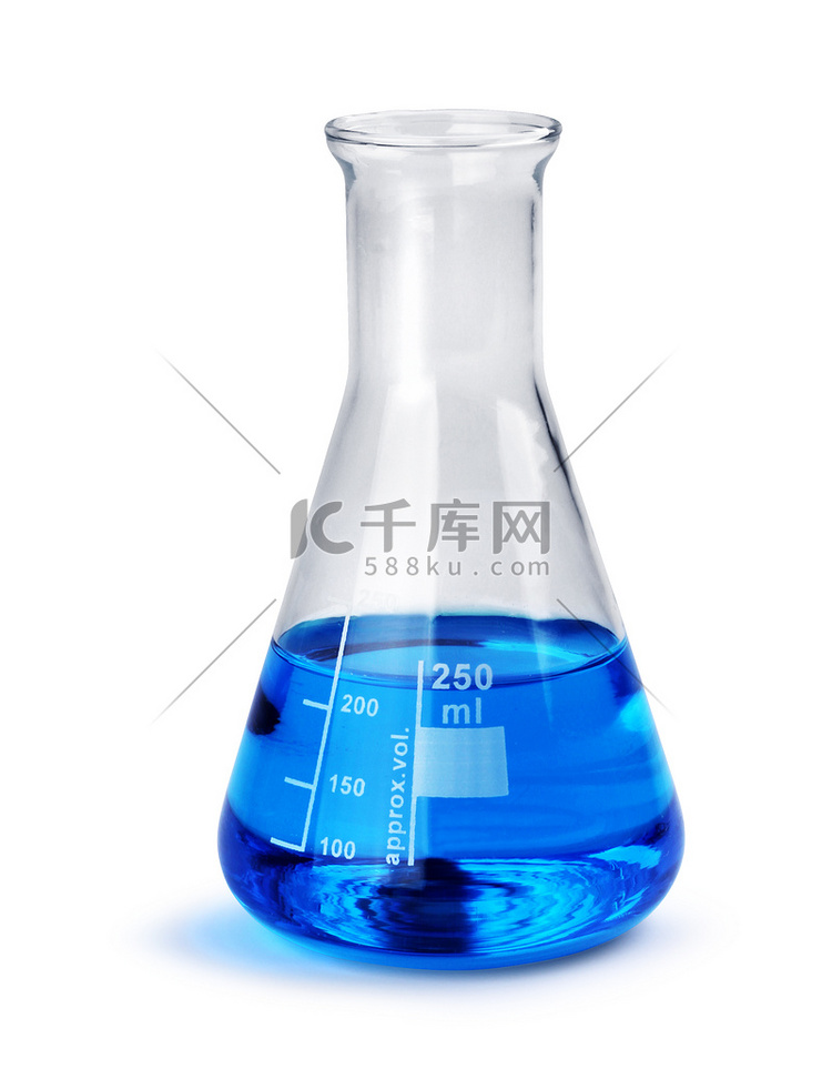 有蓝色液体样品的实验室玻璃烧杯