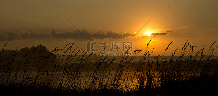 夕阳下的湖水，沿岸的草地和树木