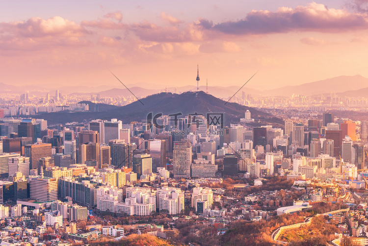 首尔城市天际线日落，韩国最佳景
